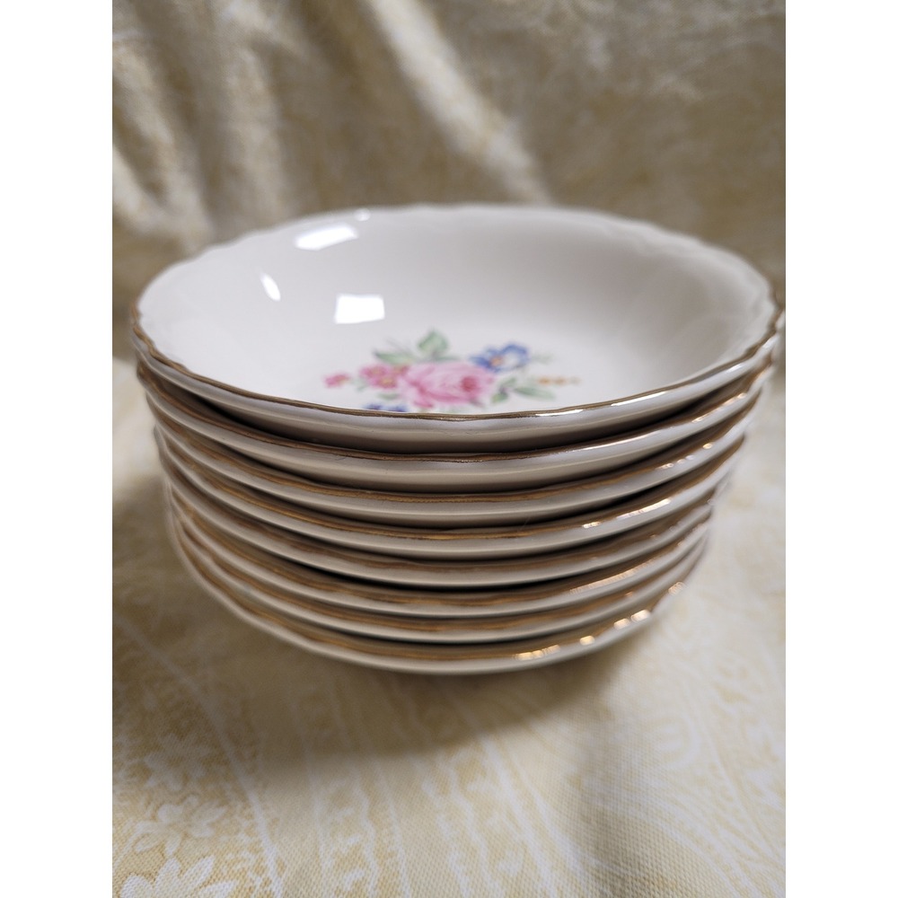 Vintage Scio Hazel Dessert Bowls Set/8 Scalloped Gold Trim Rose FruitBowls 6.5in - Picture 2 of 3